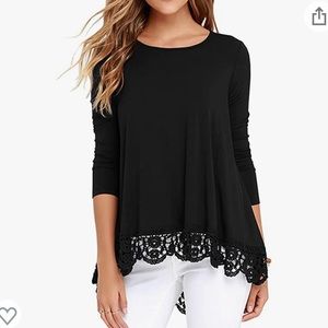 Womens Black Long Sleeve Top with lace detail around bottom w/a high/low hem